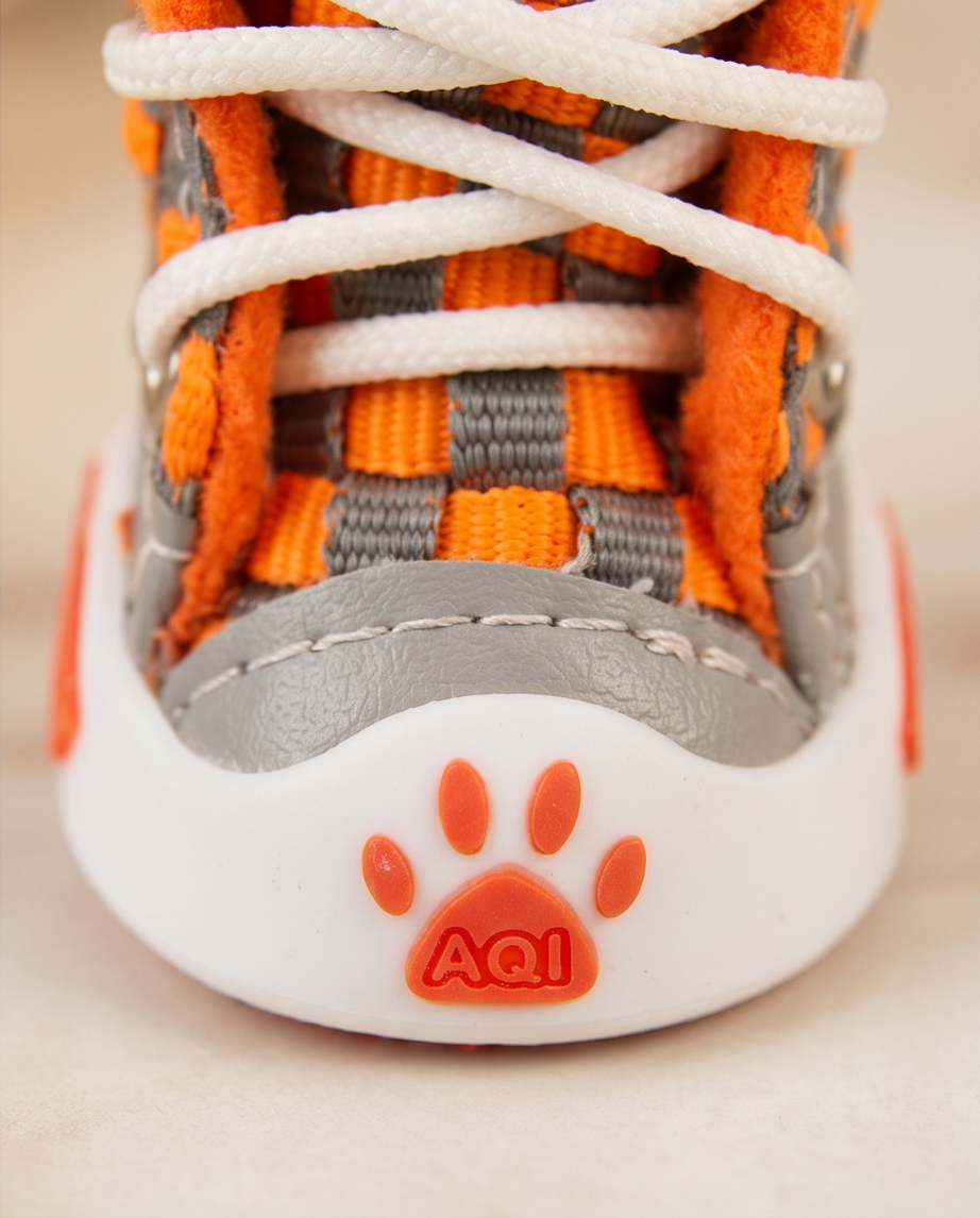 Close-up of a shoe with orange and gray pattern and white laces, featuring a paw print logo with 'AQI' on a beige background. Bishop X 