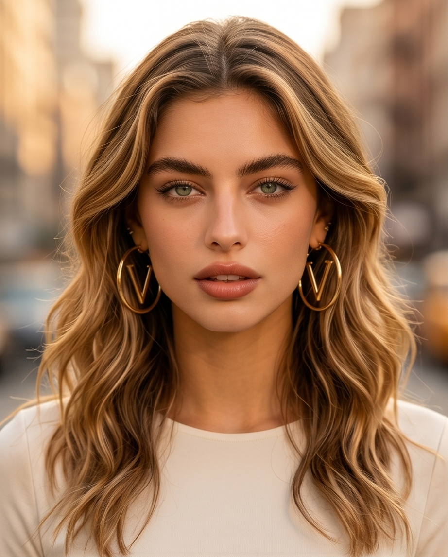 Woman with wavy blonde hair wearing gold earrings in an urban setting.   Bishop X 