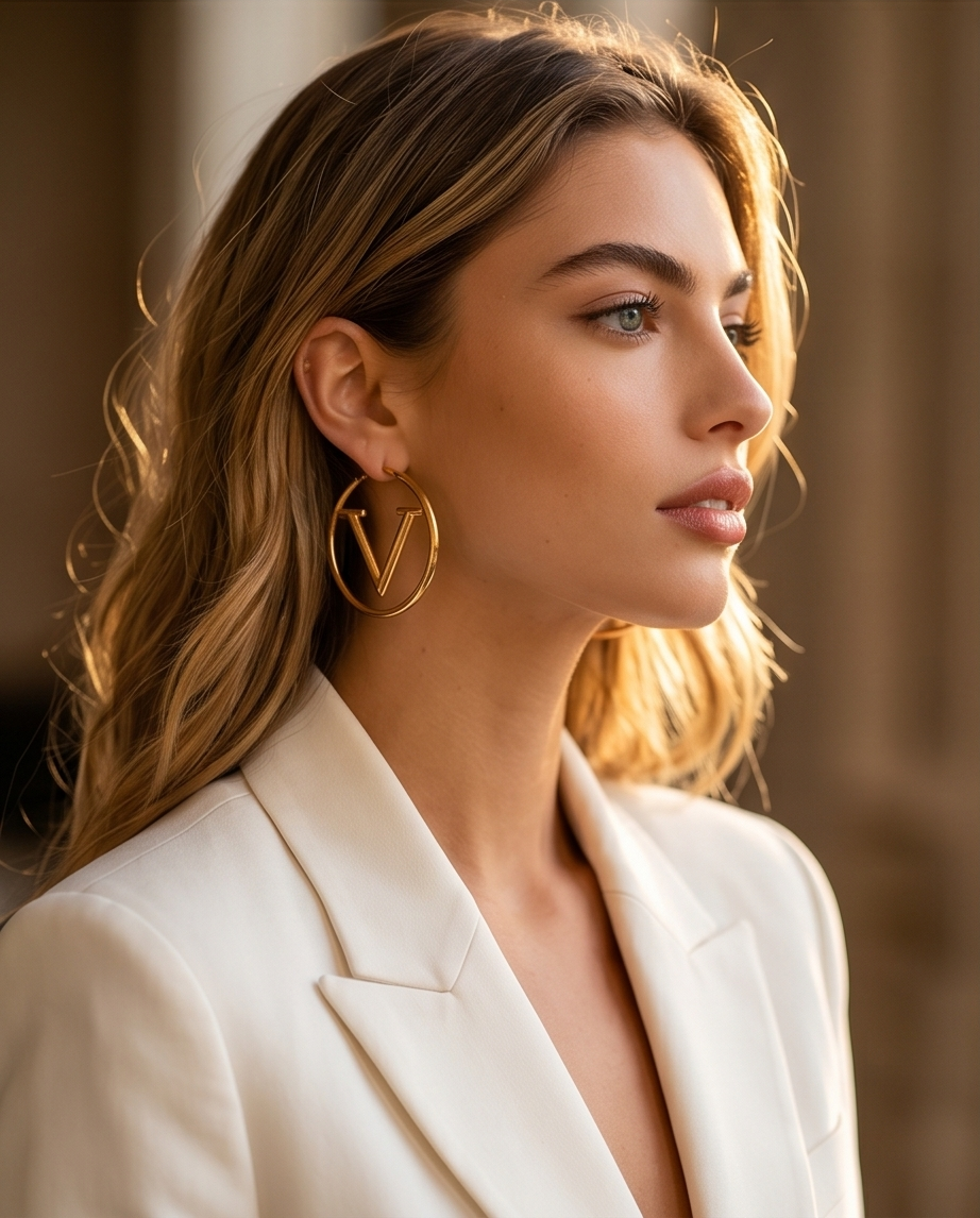 Woman wearing a white blazer and gold earrings with a blurred background.   Bishop x 