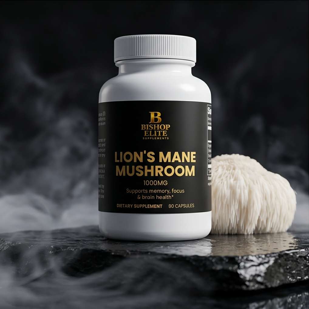 Bottle of Bishop Elite Lion's Mane Mushroom supplement with a mushroom on a dark background. Bishop Elite Supplements 