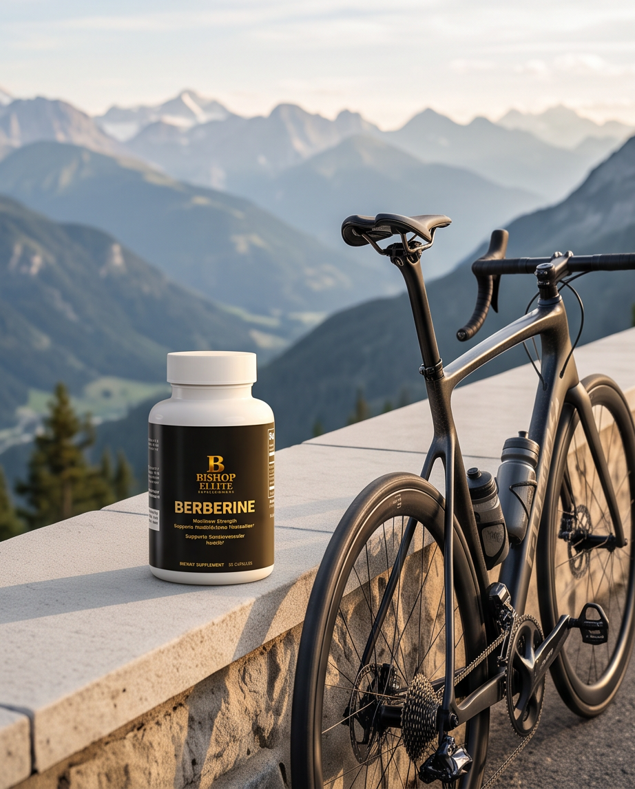A bottle of Berberine dietary supplement by BodyShop Wellness sits on a stone ledge next to a black road bicycle, with a scenic mountain range in the background. Bishop Elite Supplements 