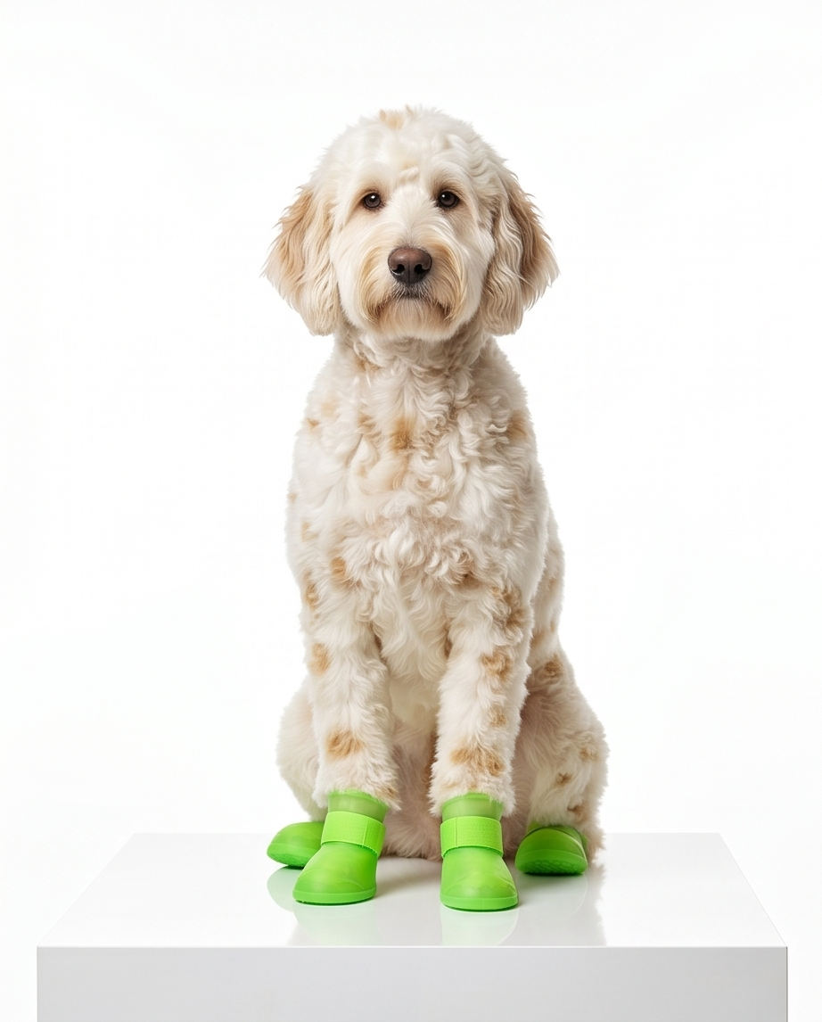 Dog wearing green boots on a white background.  Bishop  X 