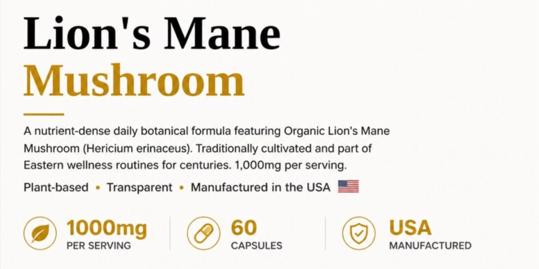 Organic Lion’s Mane Mushroom 1000 mg Vegan Capsules  60 ct