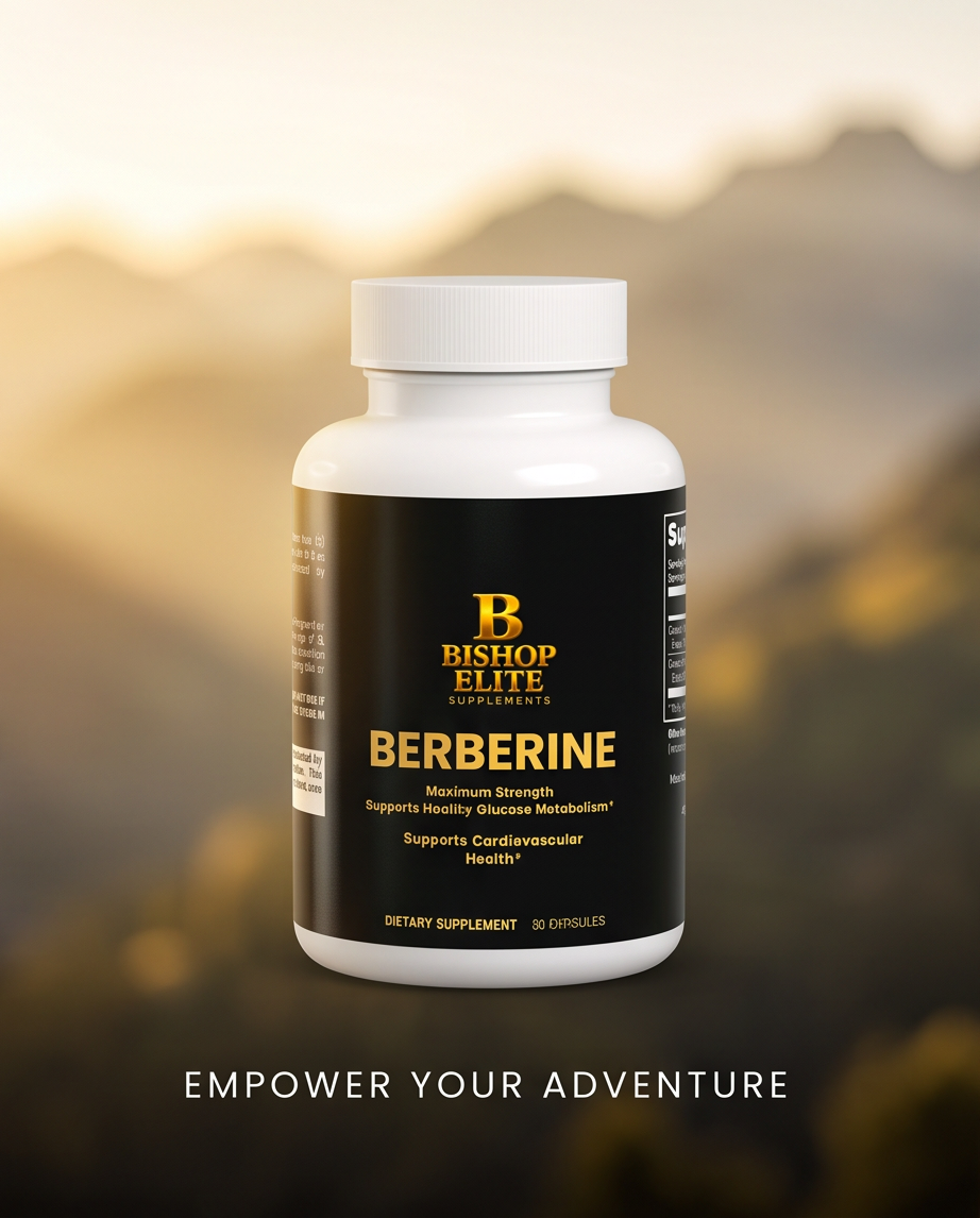 A white bottle of Bishop Elite Supplements Berberine dietary supplement with a black label, centered against a blurred warm-toned mountain background. The text 'EMPOWER YOUR ADVENTURE' appears below the bottle. Bishop Elite Supplements 