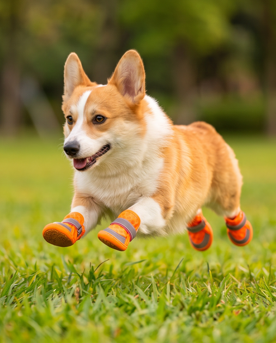 Corgi running on grass wearing bright orange boots with reflective stripes. Bishop X 