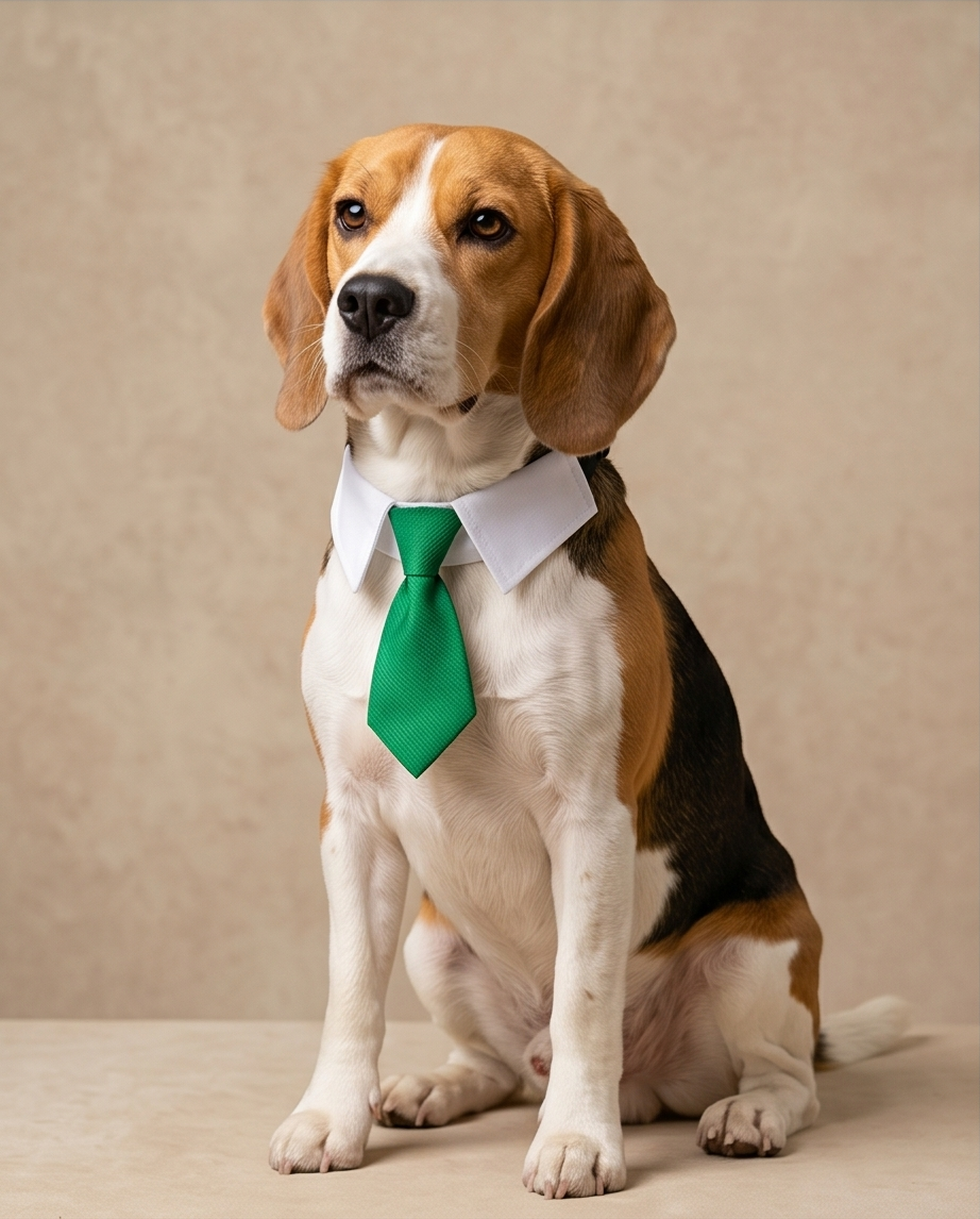 Dog wearing a green tie and white shirt against a beige background. Bishop x 