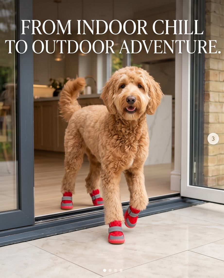 Dog wearing red shoes walking towards a glass door with text 'From Indoor Chill to Outdoor Adventure. Bishop X 