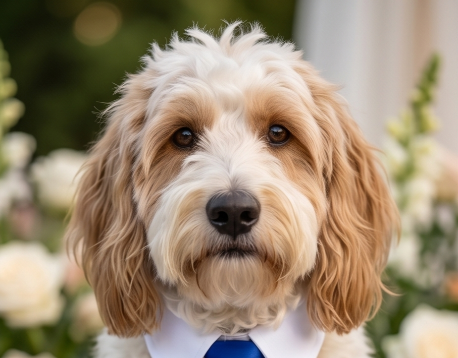 Dog wearing a white shirt and blue tie with a blurred floral background.  Bishop x 