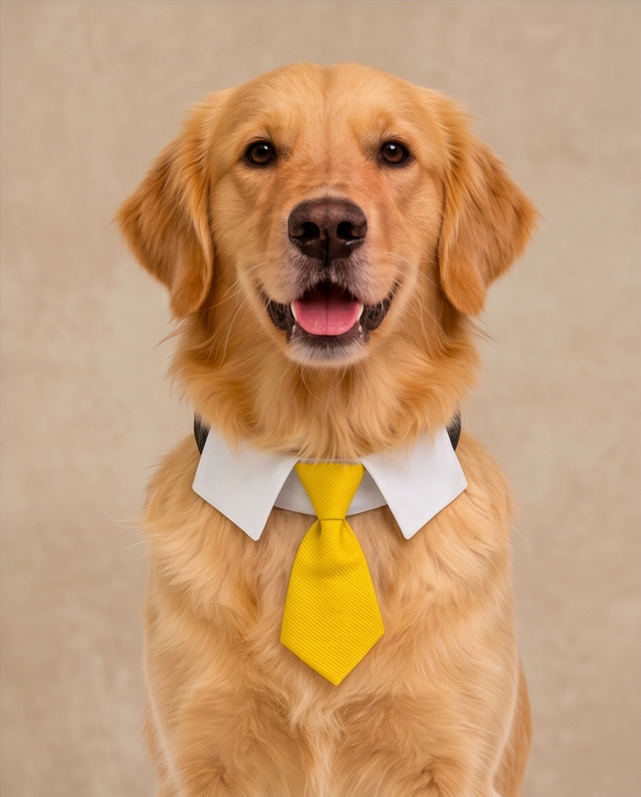 Dog wearing a yellow tie and white collar against a beige background.  Bishop x 
