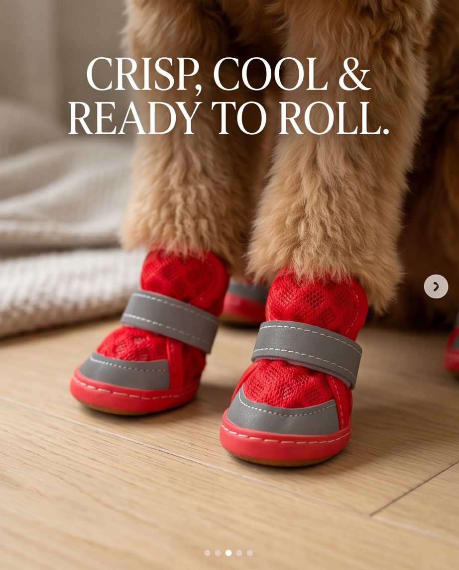 Red pet boots with gray straps on a dog's paws, text 'CRISP, COOL & READY TO ROLL. Bishop x