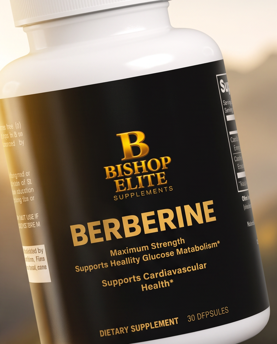 A close-up of a white plastic bottle of Bishop Elite Supplements Berberine, featuring a black label with gold lettering and text detailing its health benefits. Bishop Elite Supplements 