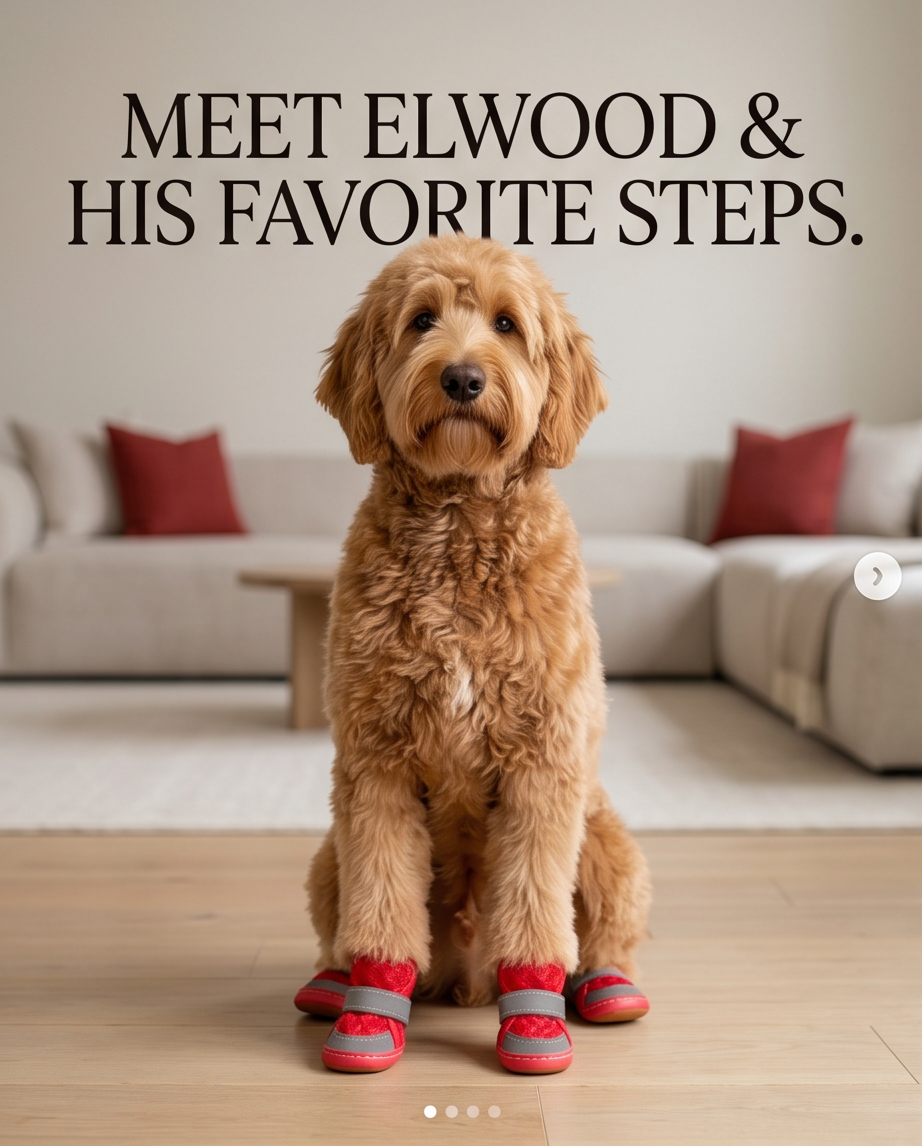 Dog wearing red boots with text 'Meet Elwood & His Favorite Steps' in a living room setting. Bishop X 