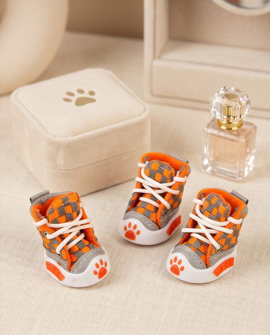 Three pairs of orange and gray pet shoes on a beige surface with a paw print box and perfume bottle in the background. Bishop X 