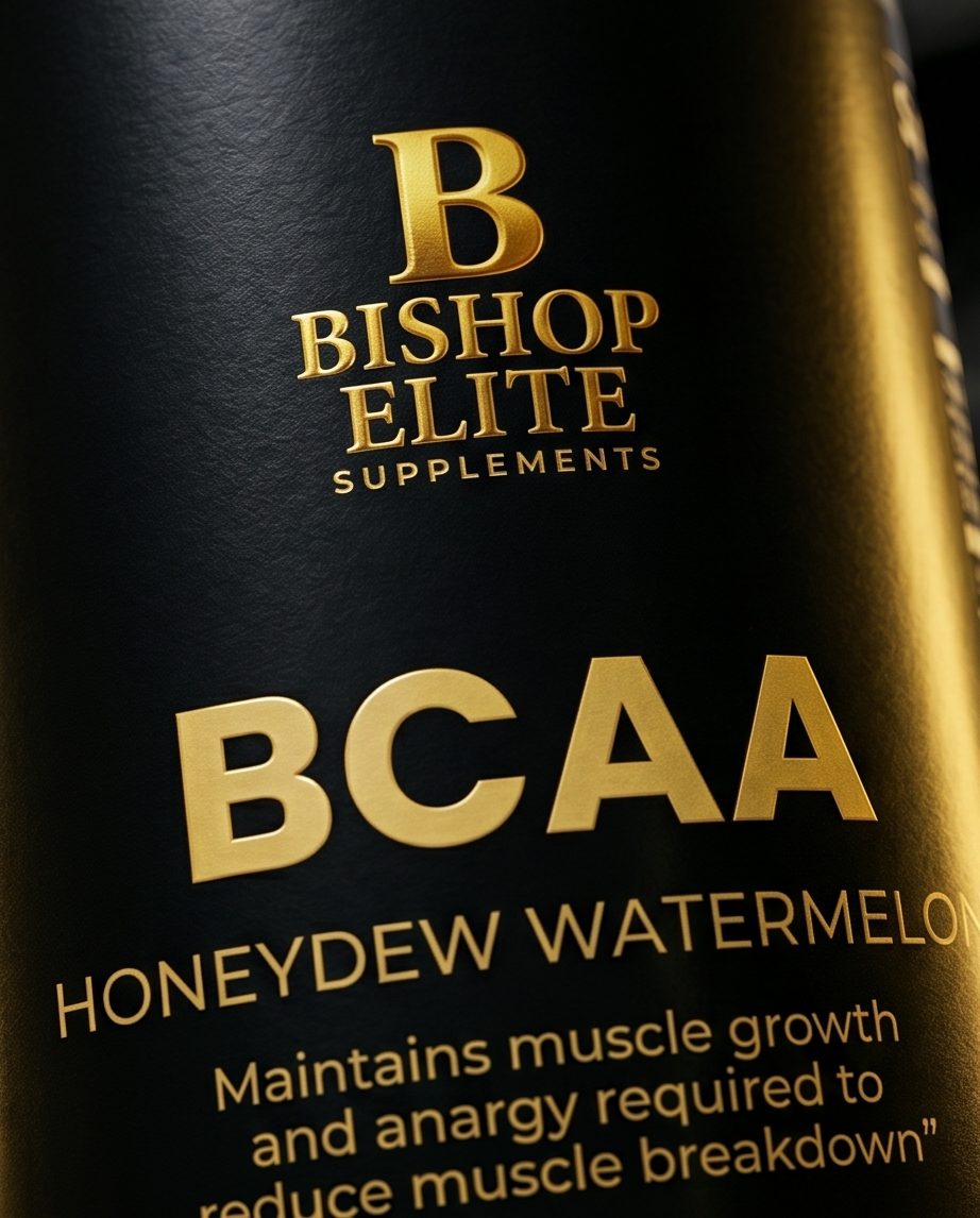 Bishop Elite Supplements BCAA Honeydew Watermelon bottle label.  Bishop Elite Supplements 