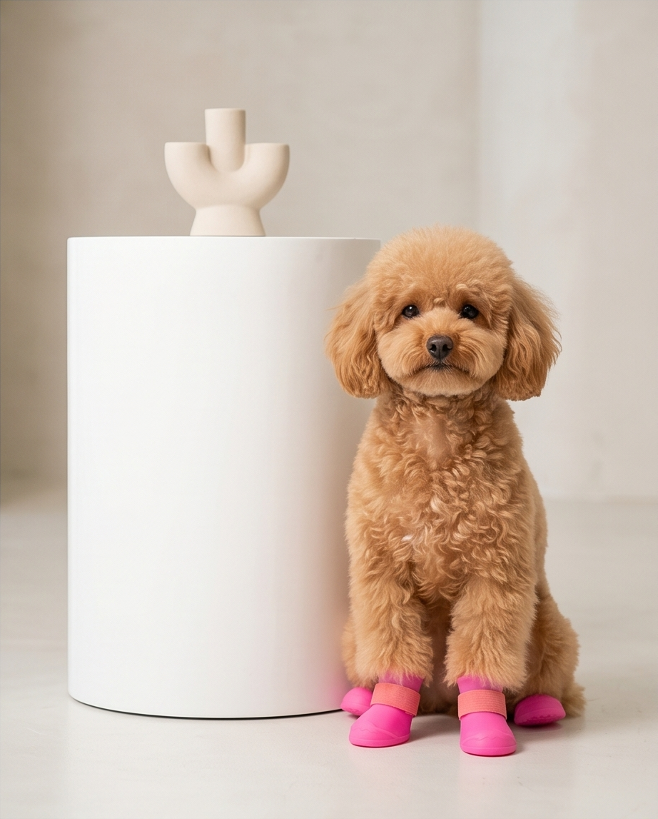 Small brown dog wearing pink shoes sitting on a white surface..Bishop X 