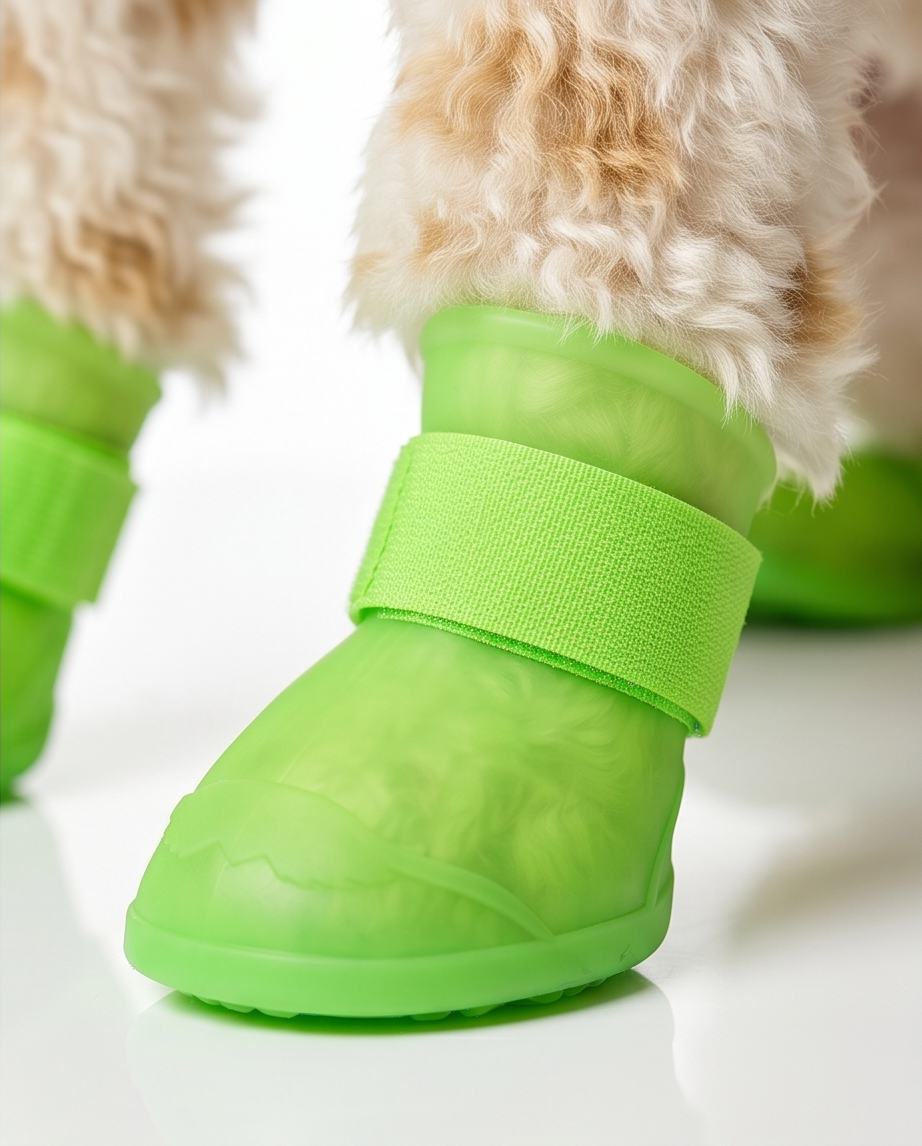 Green dog boots on a white background.  Bishop x 