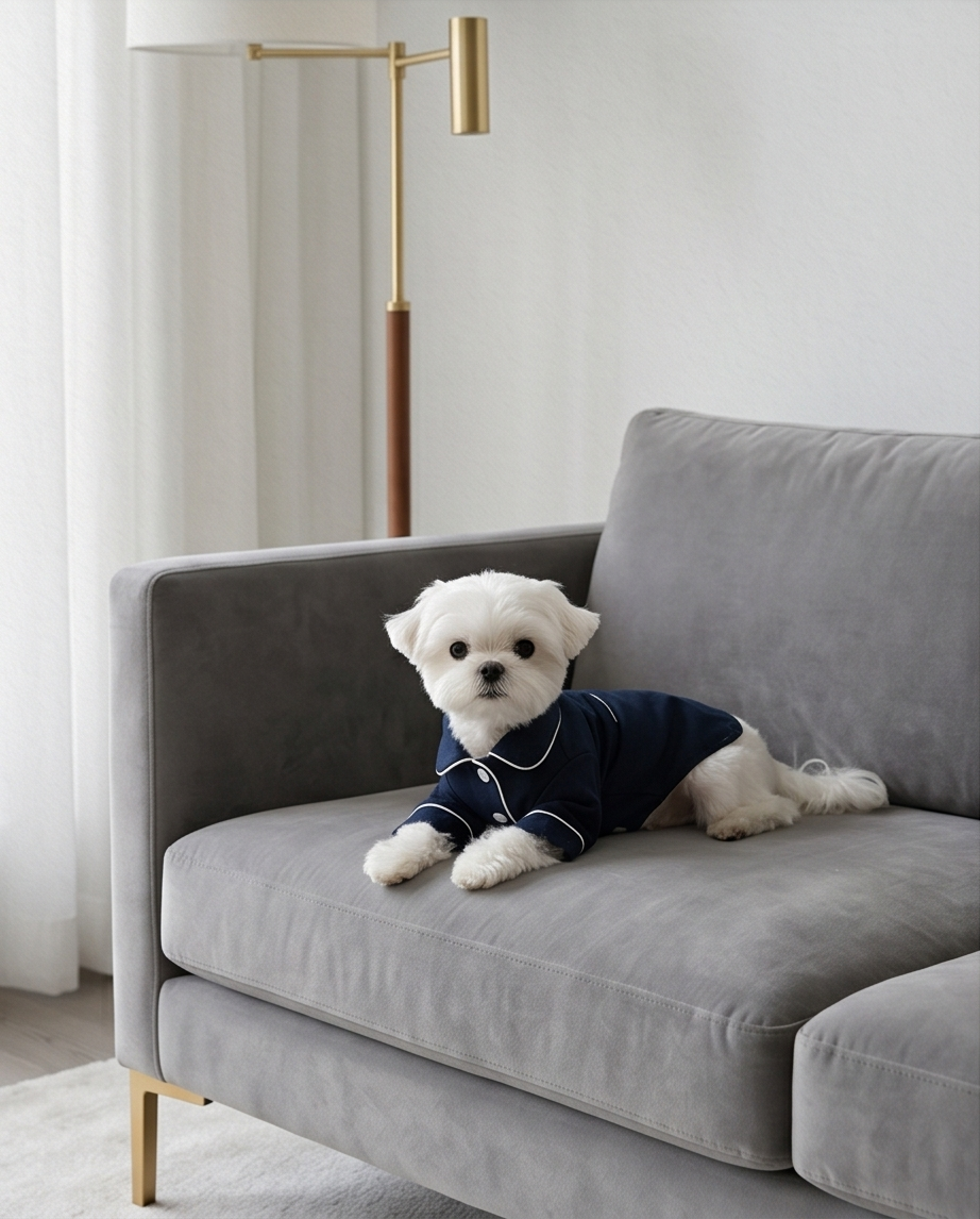 Small white dog wearing a dark sweater sitting on a gray sofa in a modern living room. Bishop X 