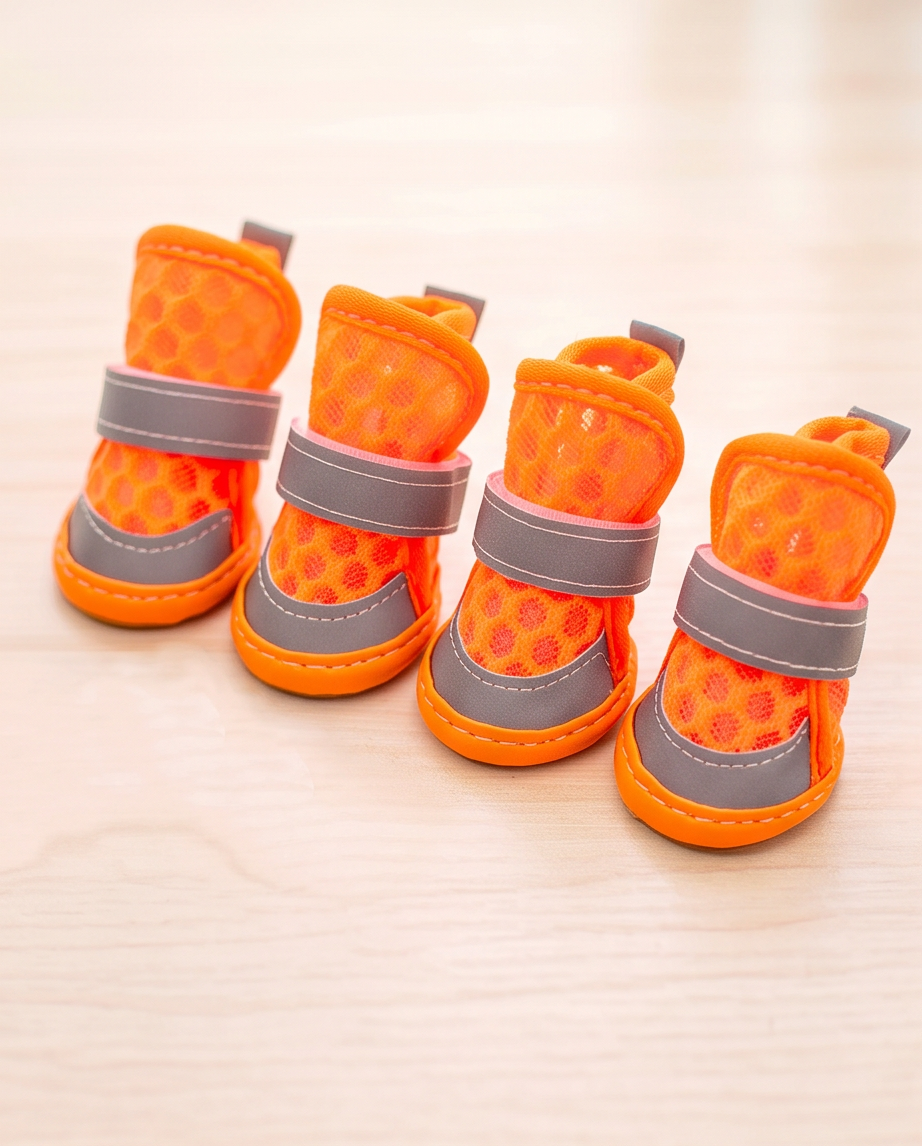 Four orange pet boots with gray straps on a light background.  Bishop X 