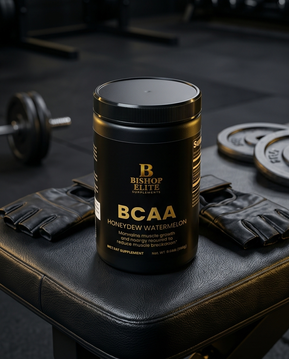 Supplement container labeled 'Bishop Elite BCAA' on a gym bench with weights and gloves in the background. Bishop Elite Supplements 