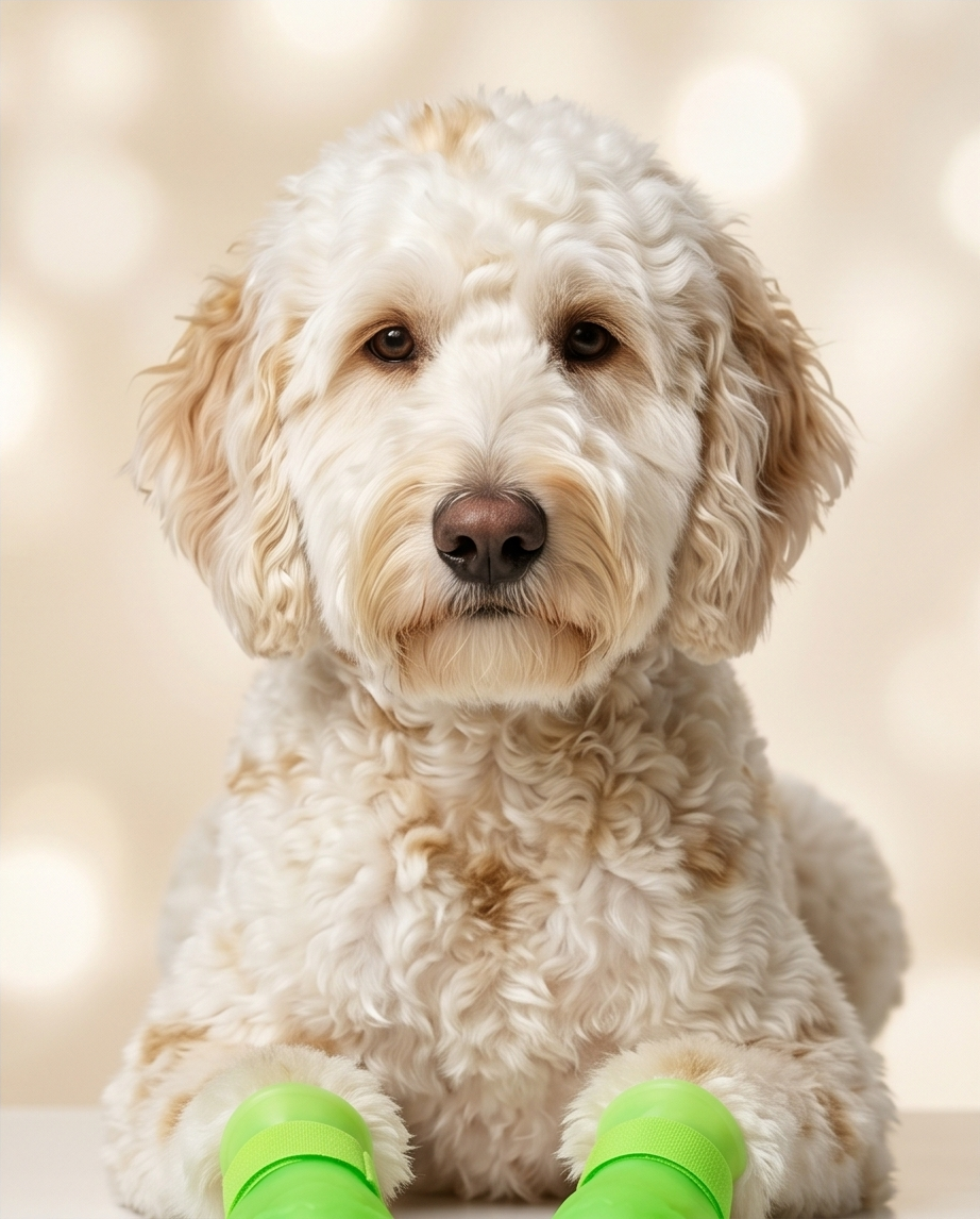Fluffy white dog wearing green sleeves on a soft beige background.  Bishop x 