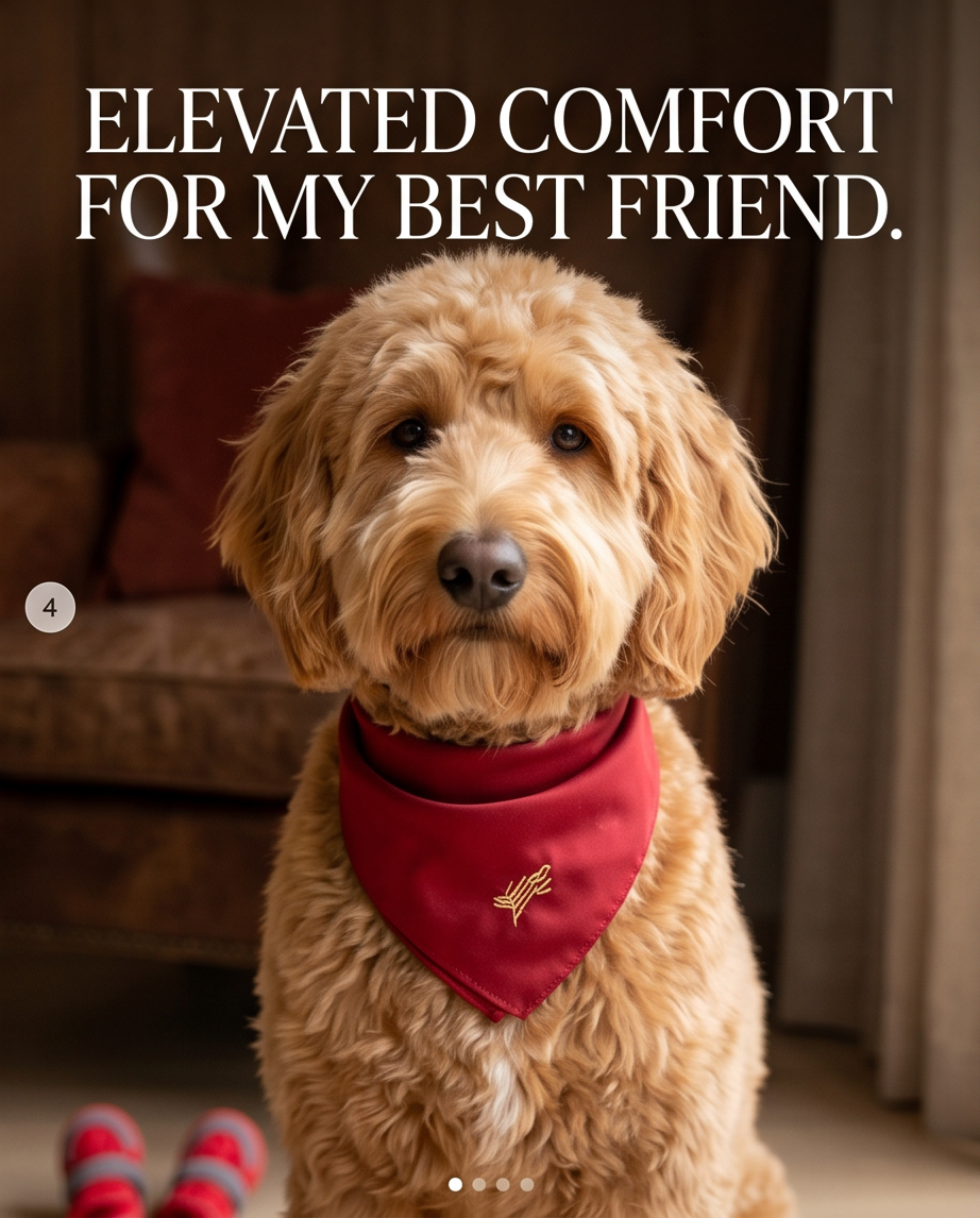 Dog wearing a red bandana with text 'Elevated Comfort for My Best Friend' above. Bishop X 