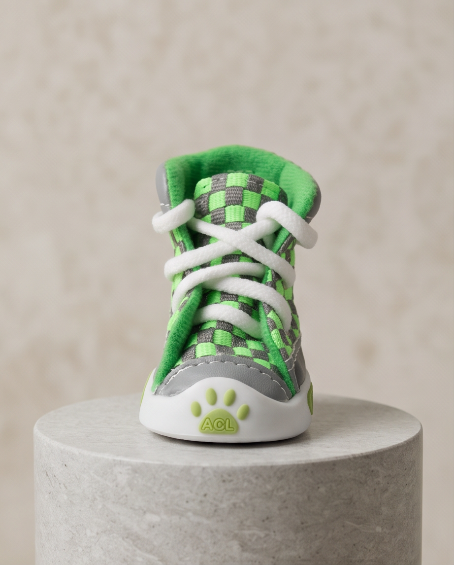 Green and gray checkered sneaker with white laces on a beige background.  Bishop X 