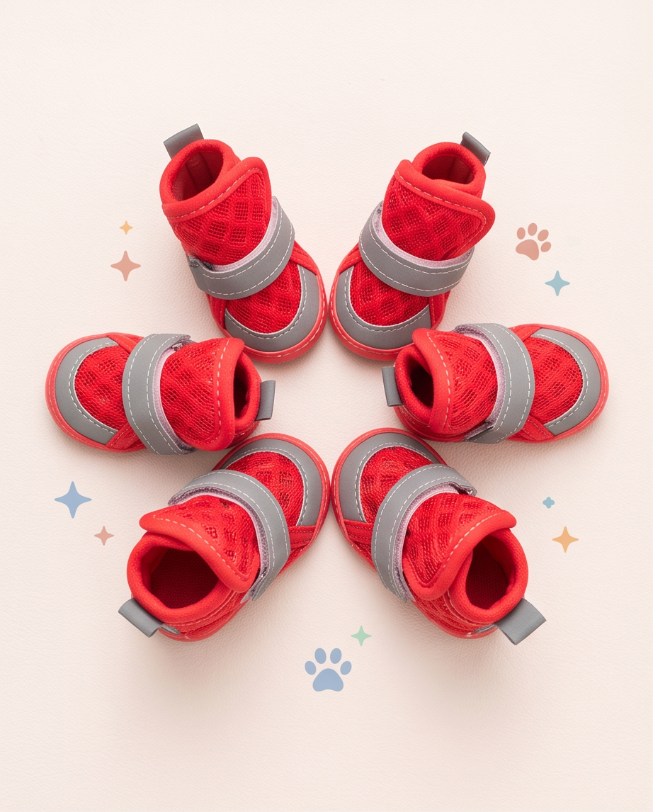Red pet boots with gray straps on a light pink background.  Bishop x