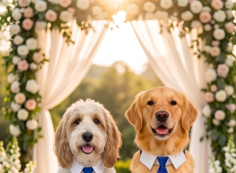 Two dogs in formal attire standing under a floral archway. Bishop X 