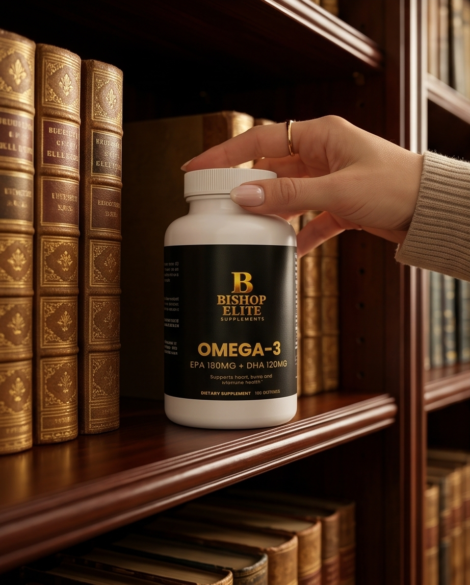 Hand holding a bottle of Bishop Elite Omega-3 supplement on a wooden shelf with books..  bishop Elite Supplements 