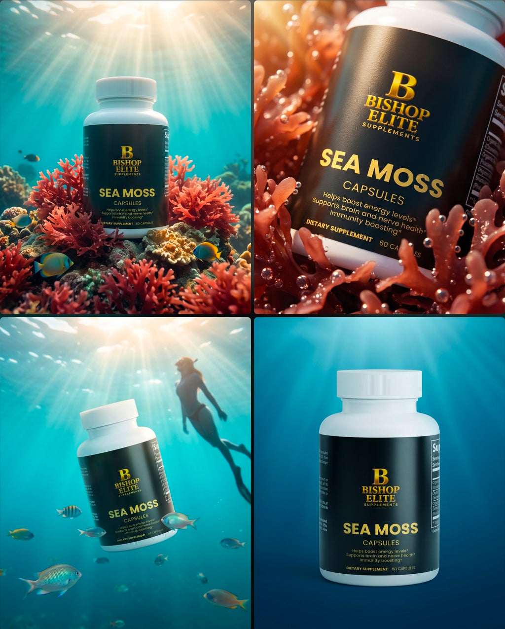 A four-panel collage showing a white bottle of Bishop Elite Sea Moss Capsules in different underwater scenes: coral reef, close-up of bottle with red sea moss, diver underwater, and bottle floating in blue water with fish. Bishop Elite Supplements 