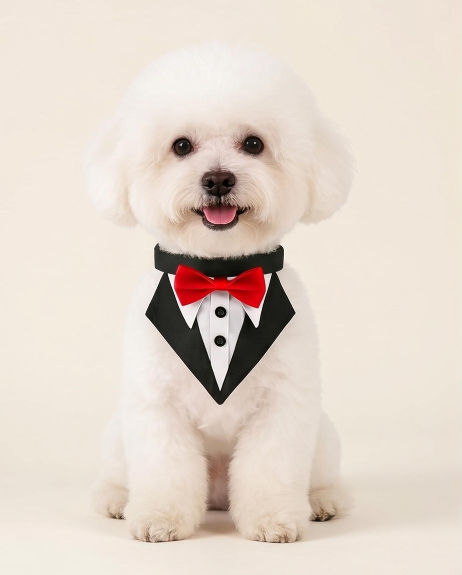 White dog wearing a black tuxedo with a red bow tie on a light beige background.   Bishop x 