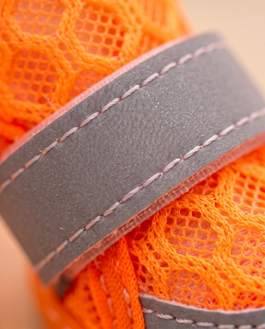 Close-up of orange mesh bag with gray strap. Bishop X 
