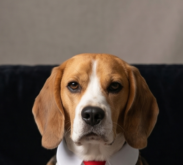 Dog wearing a white shirt and red tie against a neutral background. Bishop x 