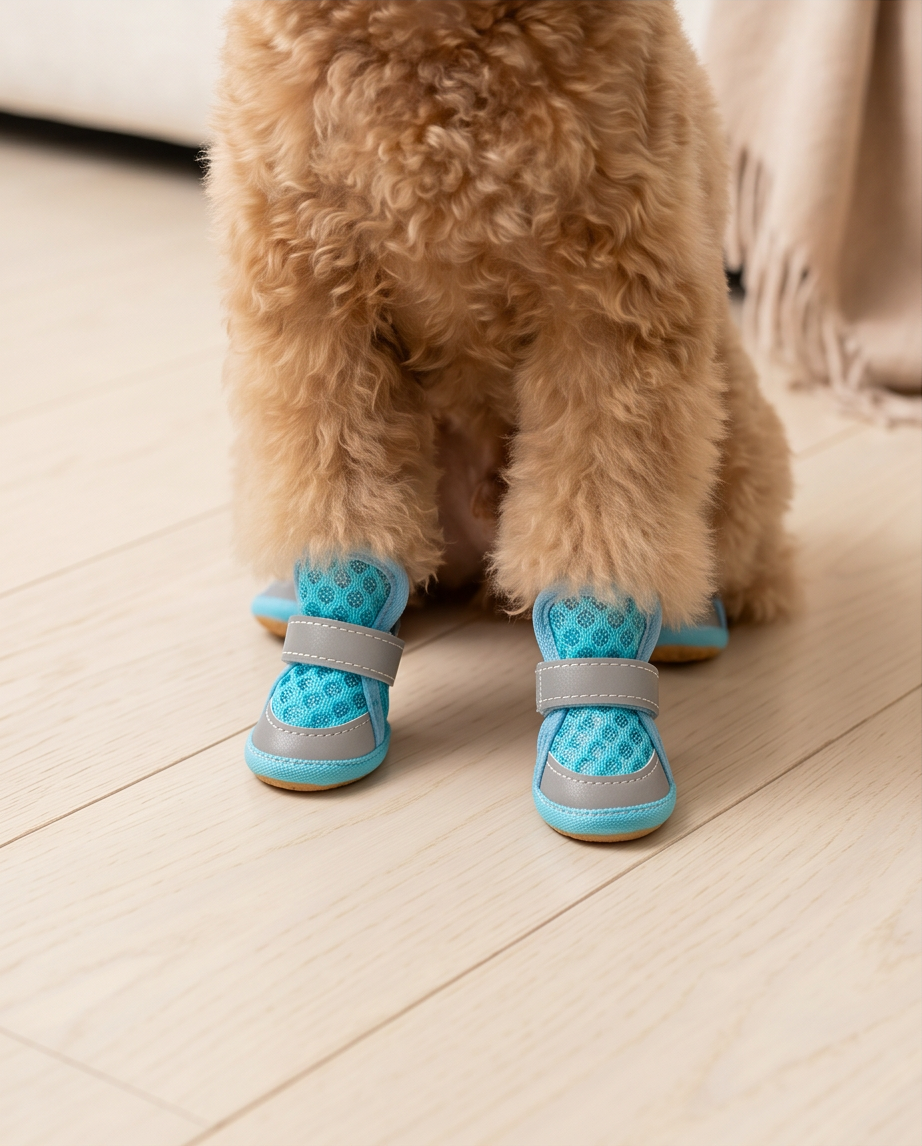 Dog wearing blue and gray booties on a wooden floor.  Bishop X 