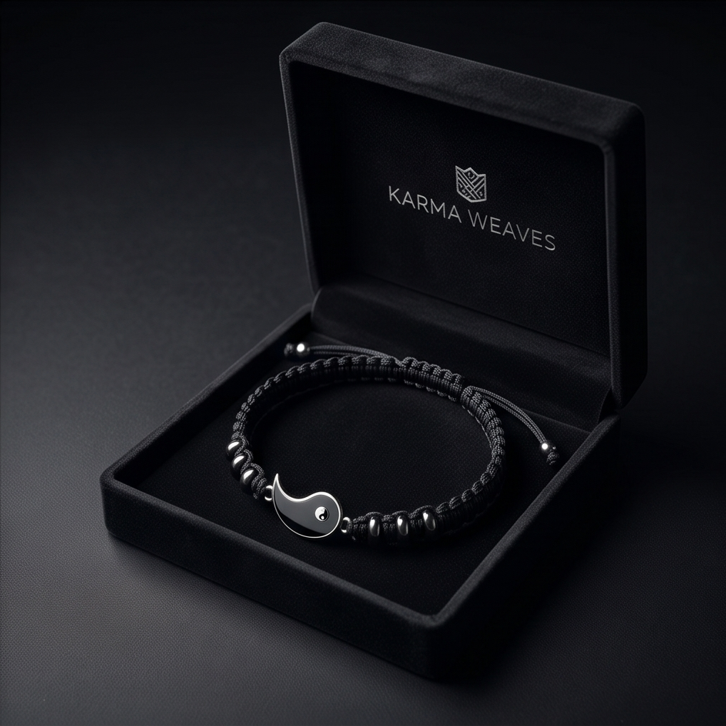 Black bracelet with yin yang symbol in a Karma Weaves box on a dark background.   Bishop x 