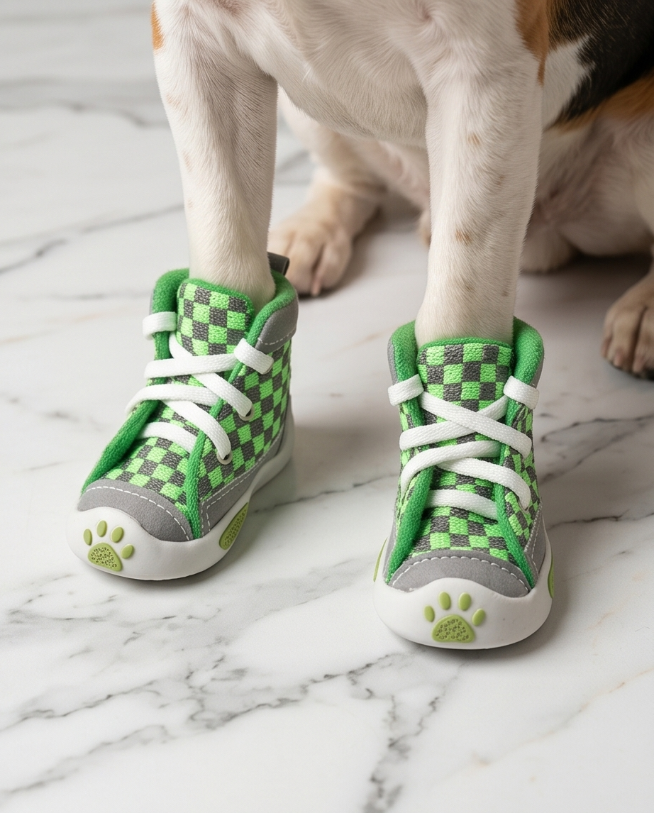 Dog wearing green checkered shoes on a marble floor.  Bishop X 