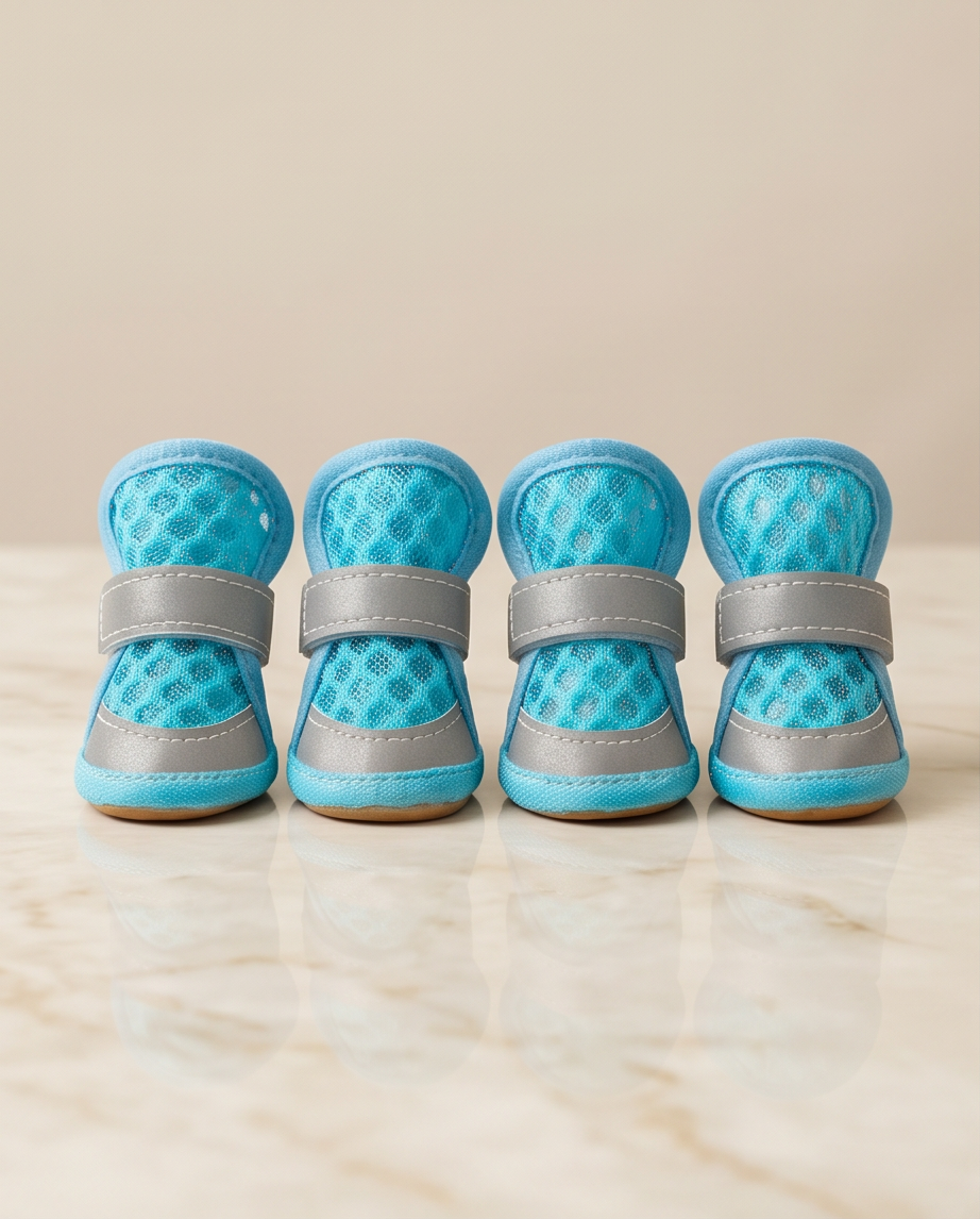 Four blue pet boots with gray straps on a beige surface.  Bishop X 