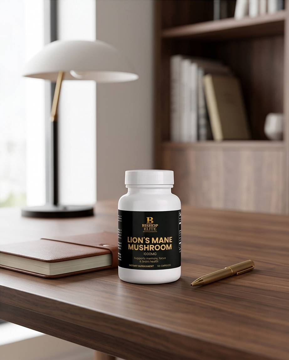 Bottle of Lion's Mane Mushroom supplement on a desk with a lamp and books in the background.  Bishop Elite Supplements 
