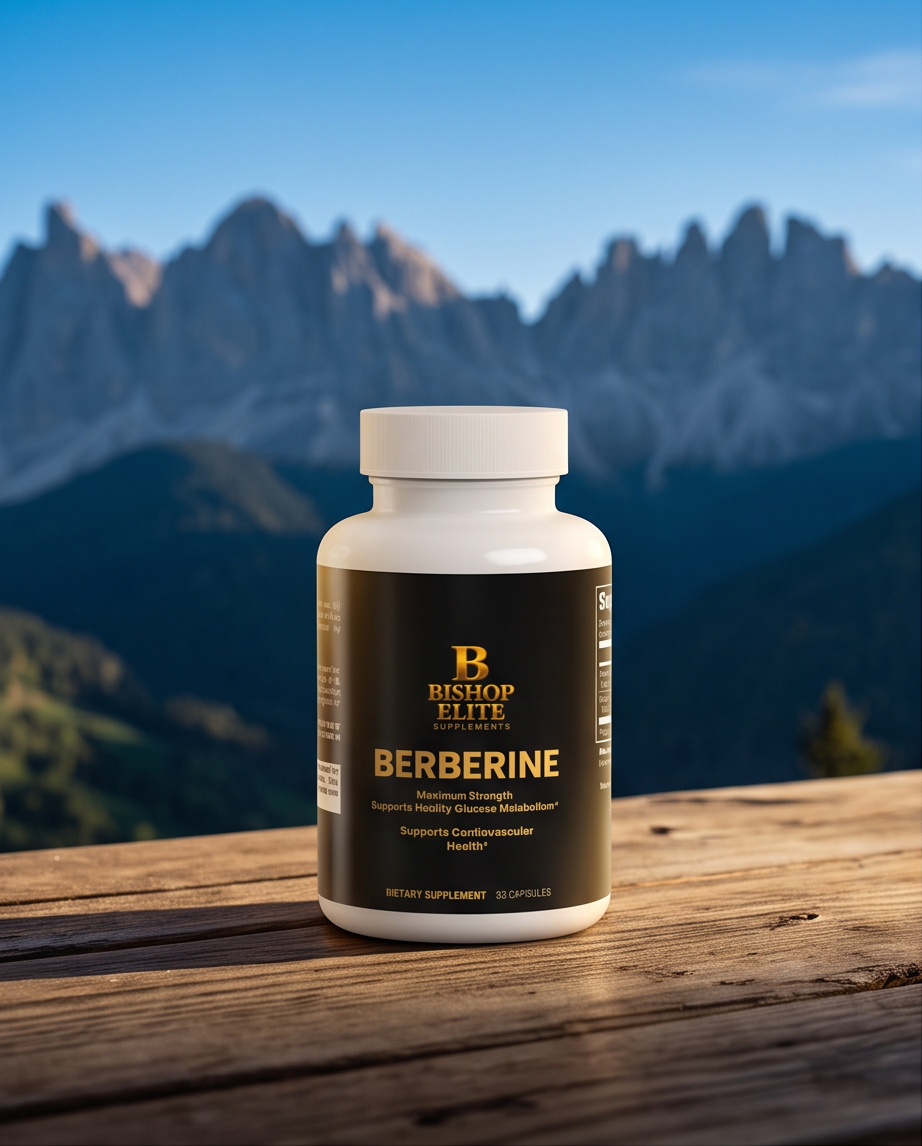 A white bottle of Bishop Elite Supplements Berberine capsules sits on a rustic wooden surface with a blurred mountain landscape in the background. Bishop Elite Supplements 